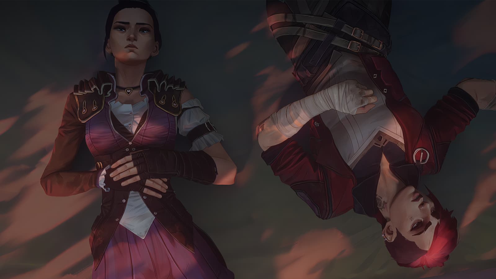 Two animated characters in Victorian-style steampunk clothing - one standing proudly upright in a dark red dress and armor, while the other is suspended upside-down in matching attire, creating a dramatic mirrored composition against a moody sky.