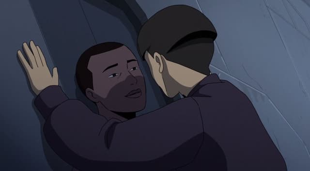 Two women are close to kissing, depicted in animation. They seem to be on a ship.